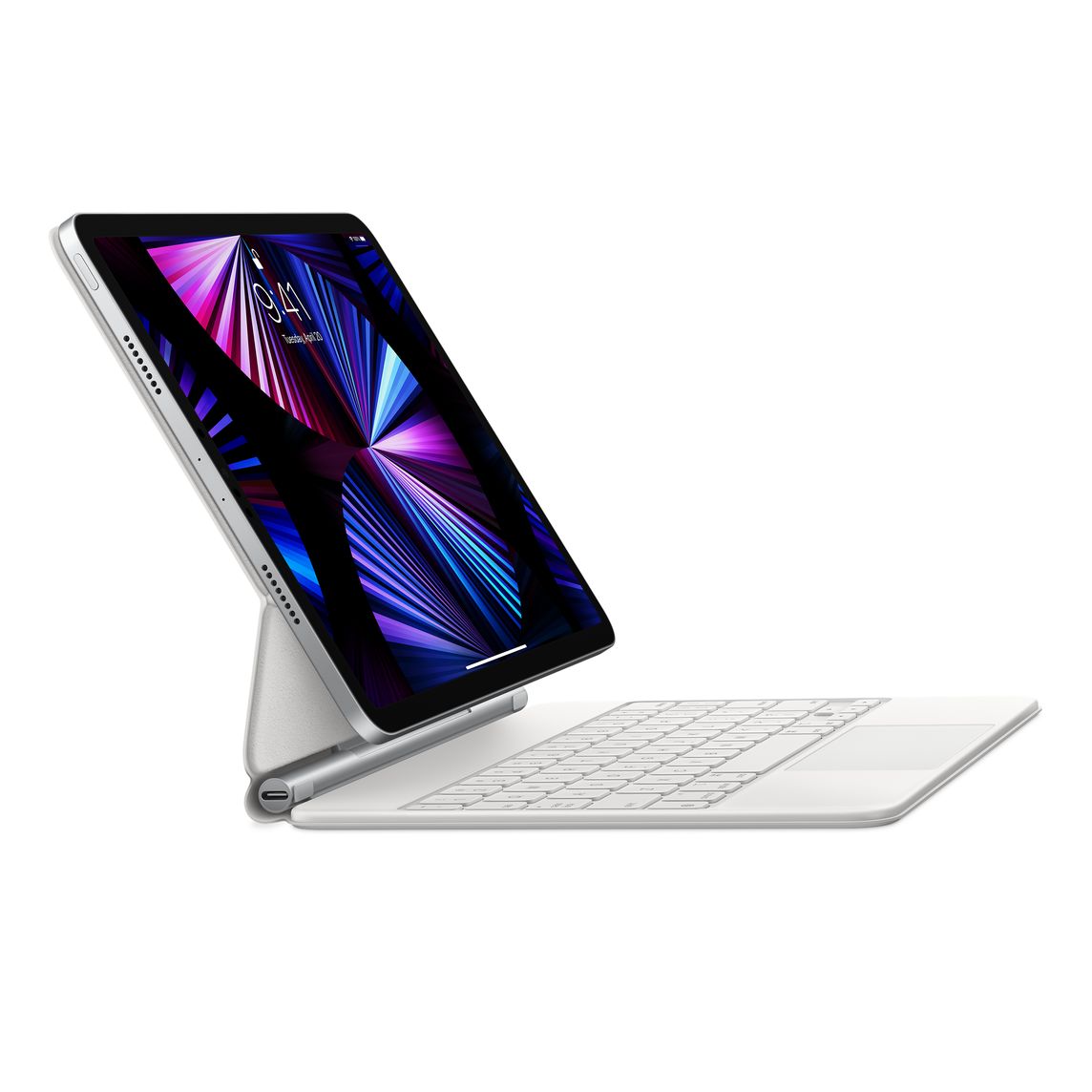 Magic Keyboard for iPad Full size, backlit keys and a scissor mechanism with 1 mm travel for quiet, responsive typing Smooth angle adjustability delivers the perfect viewing angle Designed for Multi Touch gestures and the cursor in iPadOS USB-C port for charging iPad