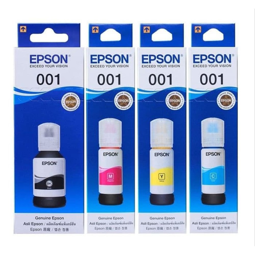 Tinta Epson T001 Colour Original dirancang khusus untuk printer inkjet Epson agar menghasilkan cetakan warna yang tajam, jernih, dan tahan lama