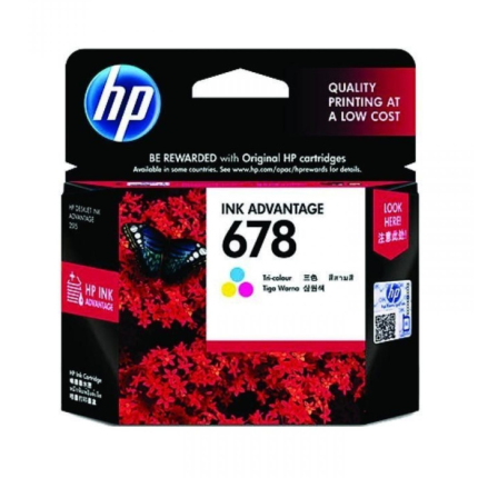 HP 678 Tri-color Original Ink Cartridge dirancang untuk mencetak gambar dan dokumen berwarna dengan hasil yang cerah, tajam, dan tahan lama